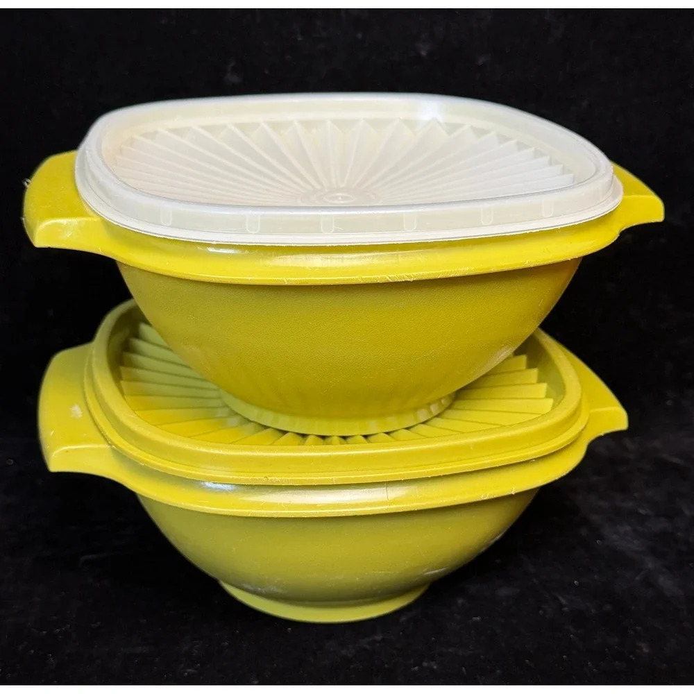 Vintage Tupperware Servalier Bowls: Yellow, Sunburst Lids, Set of 2